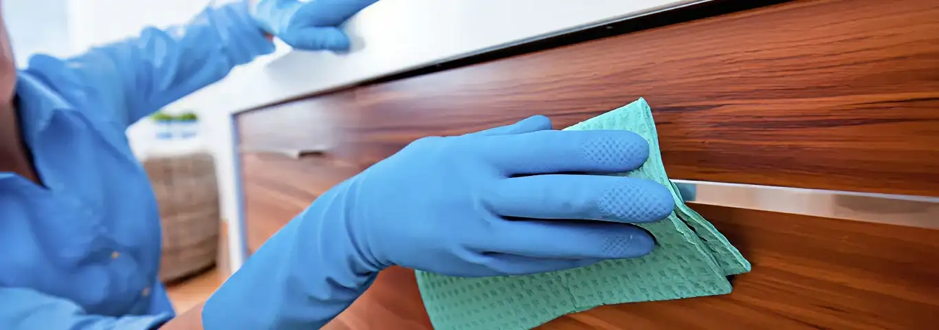 Cleaner wearing blue gloves wiping a wooden cabinet drawer with a microfiber cloth for dust and grime removal, Lincoln, NE.