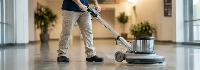 Professional technician using an industrial floor buffer to polish and maintain shiny commercial flooring in a corporate hallway in Lincoln, NE.