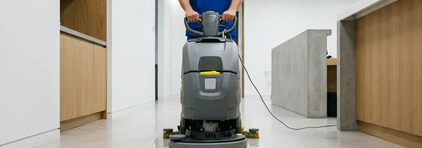 Janitorial staff using a floor scrubber machine to clean a commercial hallway, Lincoln, NE.