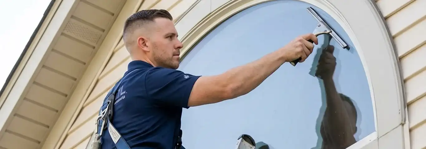 Professional window cleaner using a squeegee to clean an exterior arched window on a home, Lincoln, NE.
