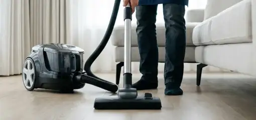 Professional house cleaner vacuuming a living room floor with a canister vacuum cleaner, Lincoln, NE.
