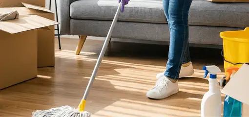 Move-out cleaning setup with a cleaner mopping hardwood floors near moving boxes and cleaning supplies, Lincoln, NE.