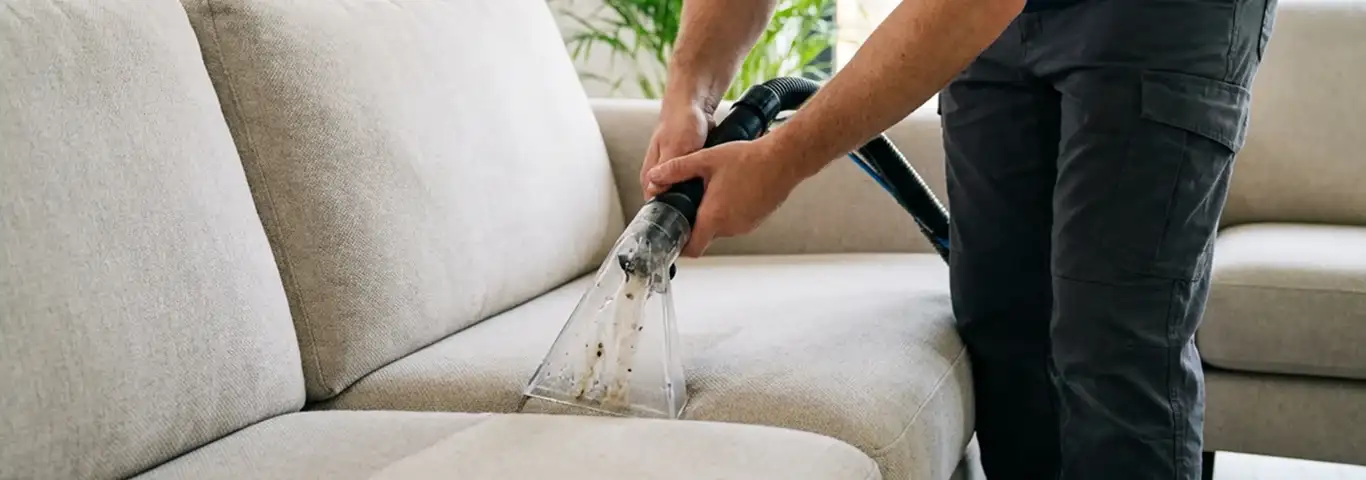 Technician extracting dirt and moisture from a fabric sofa with an upholstery cleaning wand, Lincoln, NE.