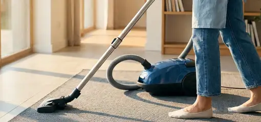 Person vacuuming a living room rug with a canister vacuum cleaner near large windows, Lincoln, NE.
